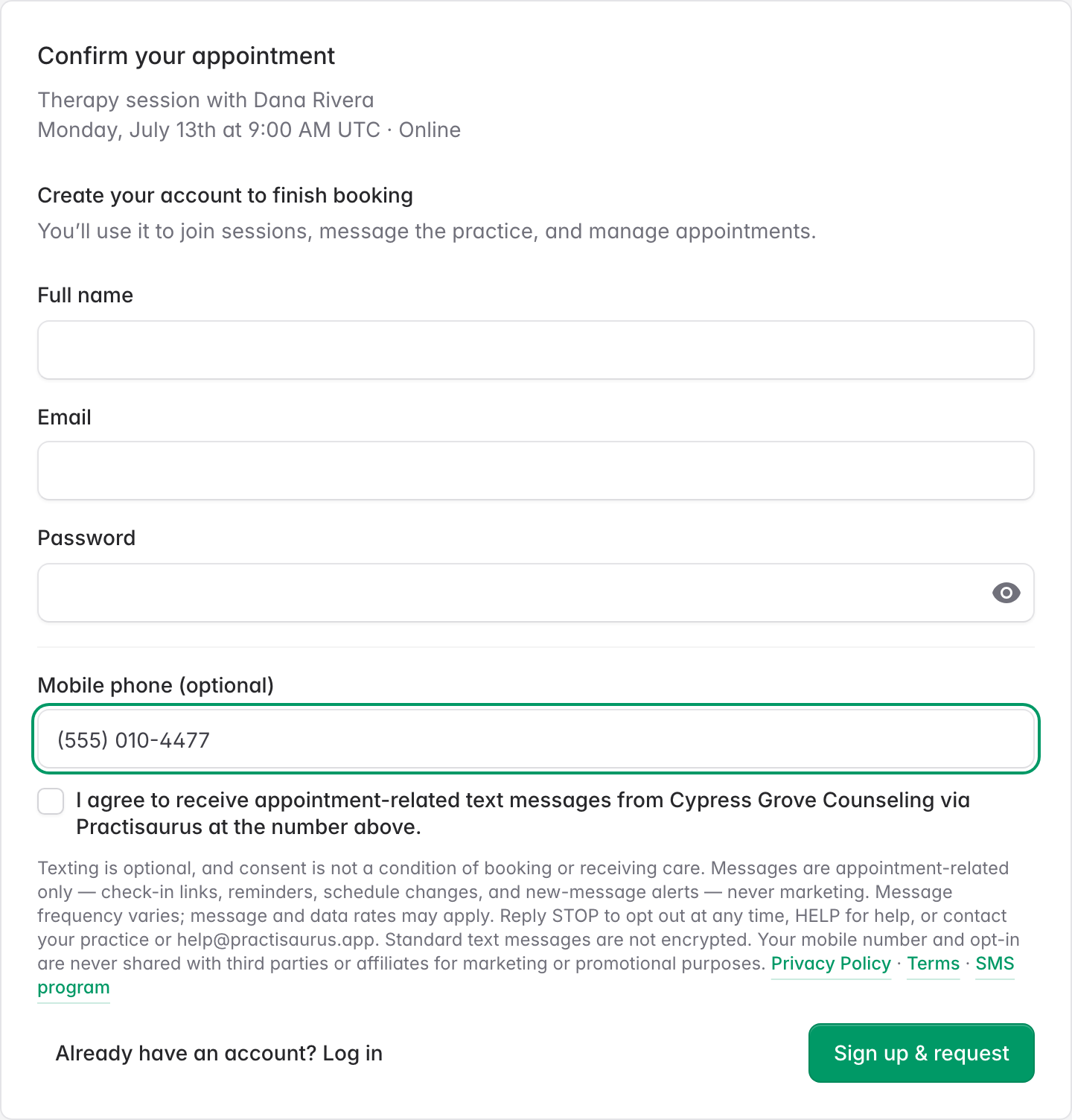 The optional mobile-phone field and unchecked consent checkbox, with
its full disclosure text, on the public booking page