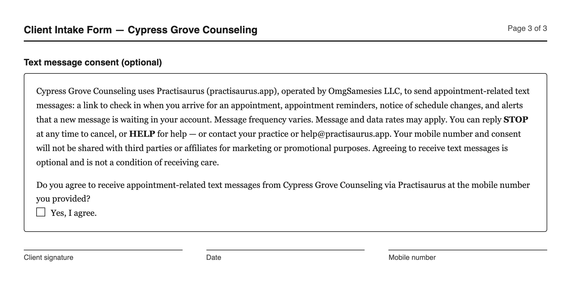 The intake consent language as it appears on a printed intake
form